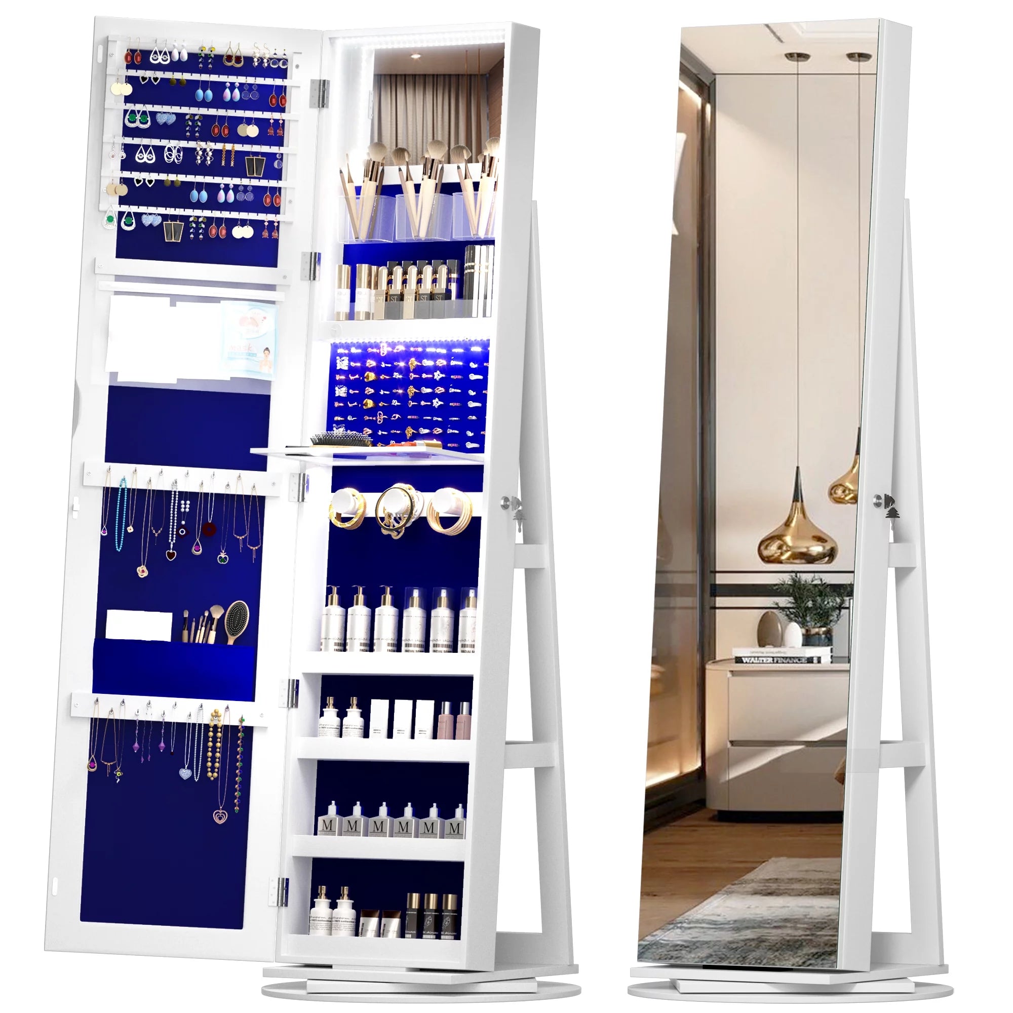LVSOMT 360�� Rotating LED Jewelry Armoire with Full Length Mirror, Jewelry Cabinet Large Standing Lockable Mirror Jewelry Organizer with Inner Makeup Mirror &amp; Soft Velvet for Living Room Bedroom