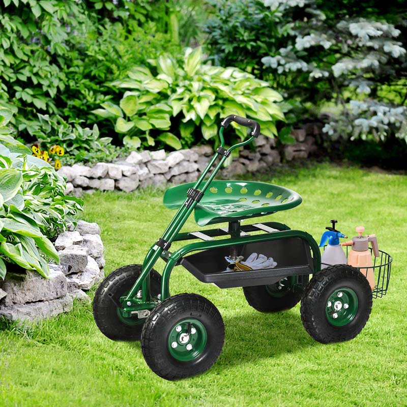 Heavy Duty Rolling Garden Cart Workseat With Tool Tray 360 Swivel Seat Storage Basket Extendable Steering Handle - Durable Tools For Home Projects