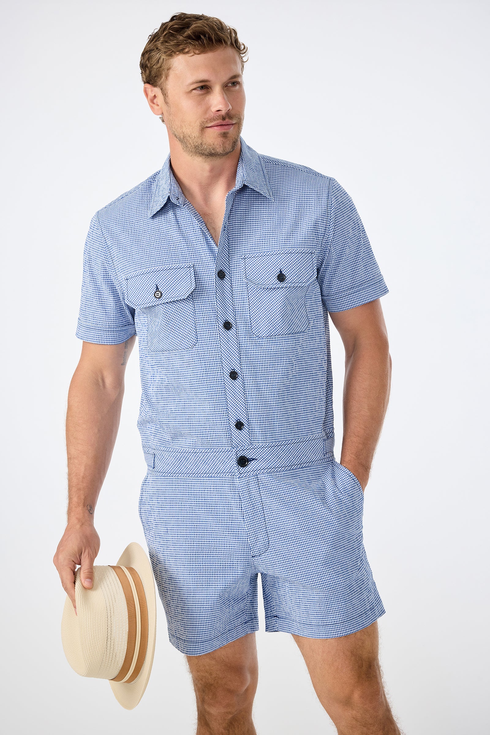 Sherman Short Jumpsuit - Ocean Gingham