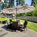 15 Ft Double Sided Patio Umbrella With 48 Solar Lights Extra Large Outdoor Twin Market Umbrella With Base
