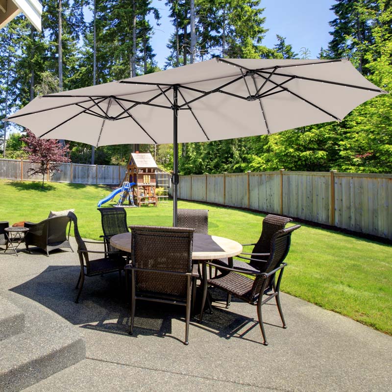 15 Ft Double Sided Patio Umbrella With 48 Solar Lights Extra Large Outdoor Twin Market Umbrella With Base