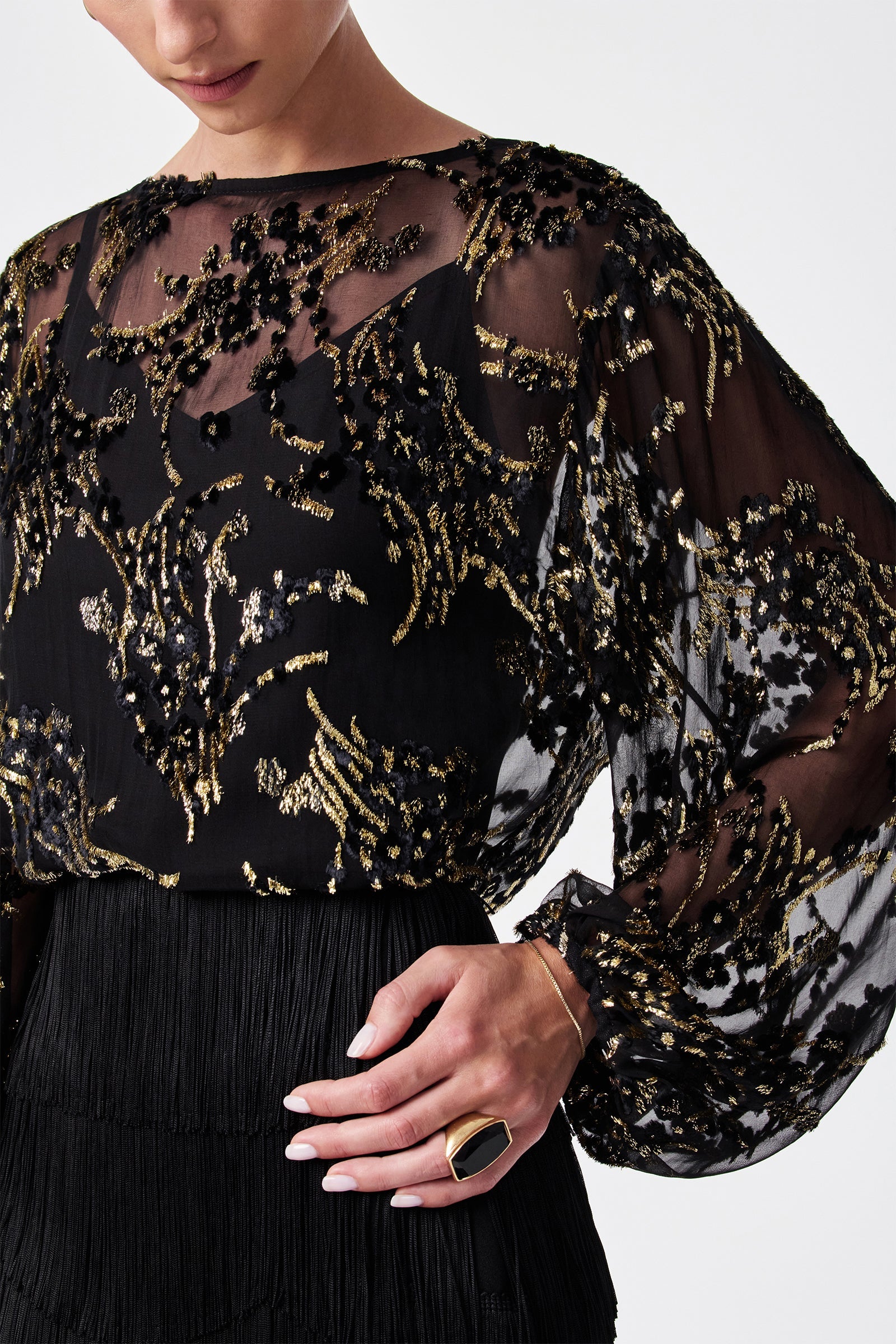 Ursa Metallic Burnout Balloon Sleeve Top