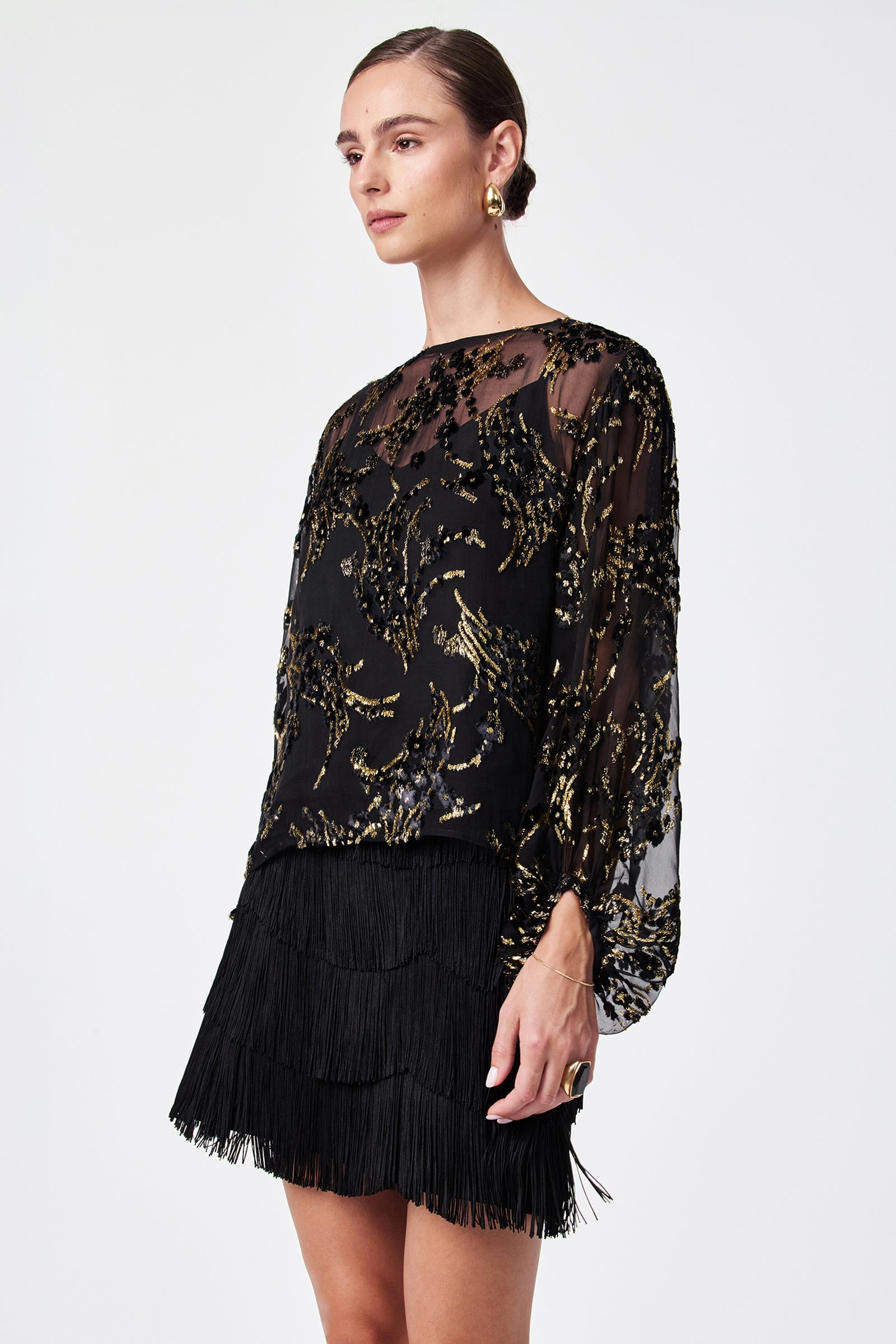 Ursa Metallic Burnout Balloon Sleeve Top
