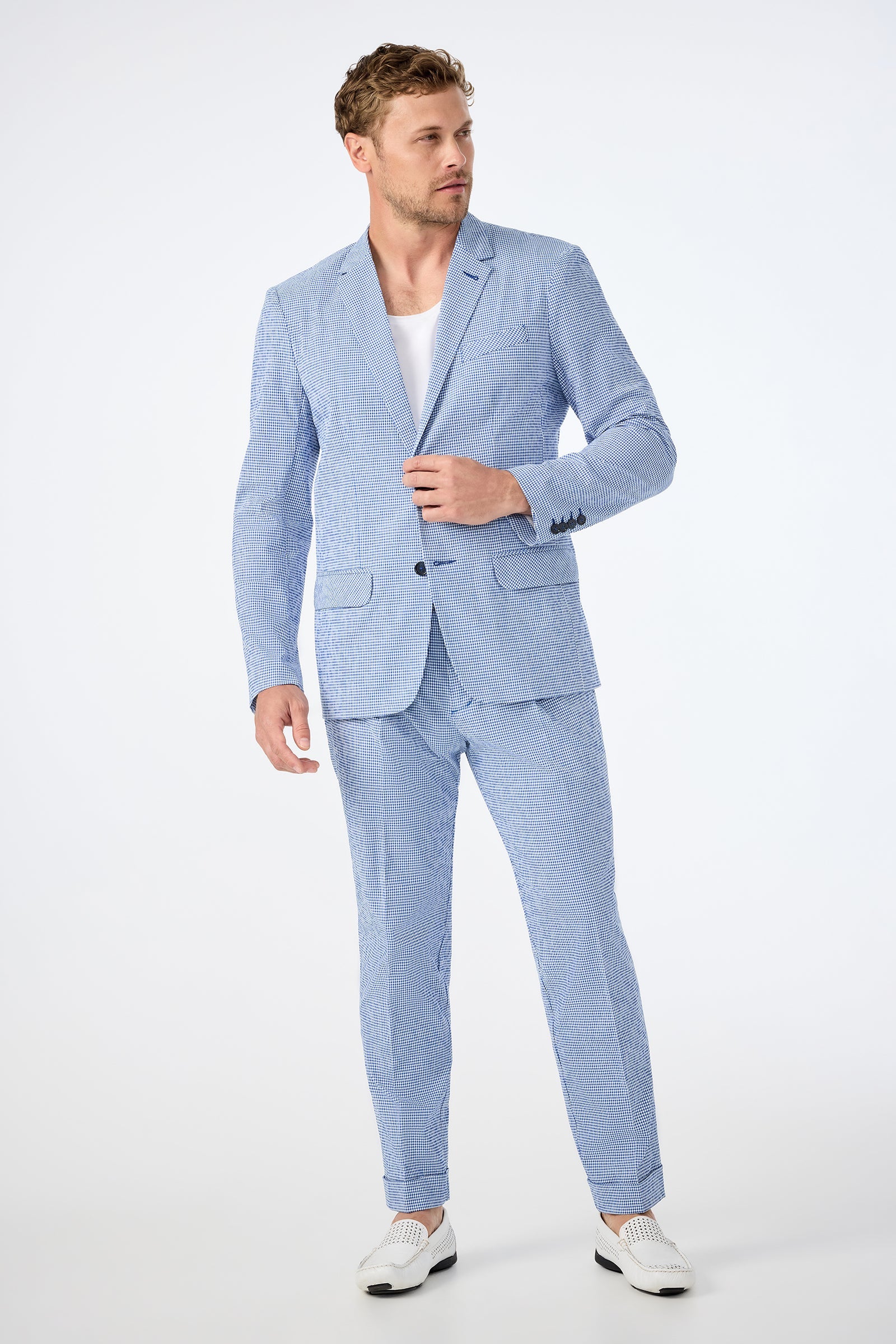 Beale Pleated Trouser - Ocean Gingham