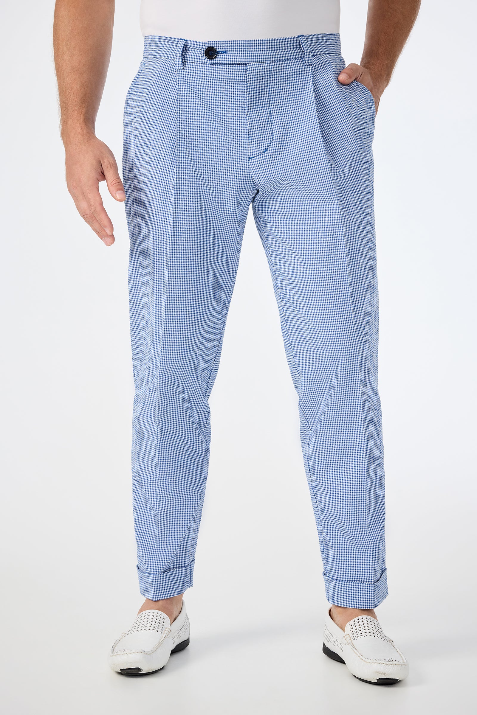 Beale Pleated Trouser - Ocean Gingham