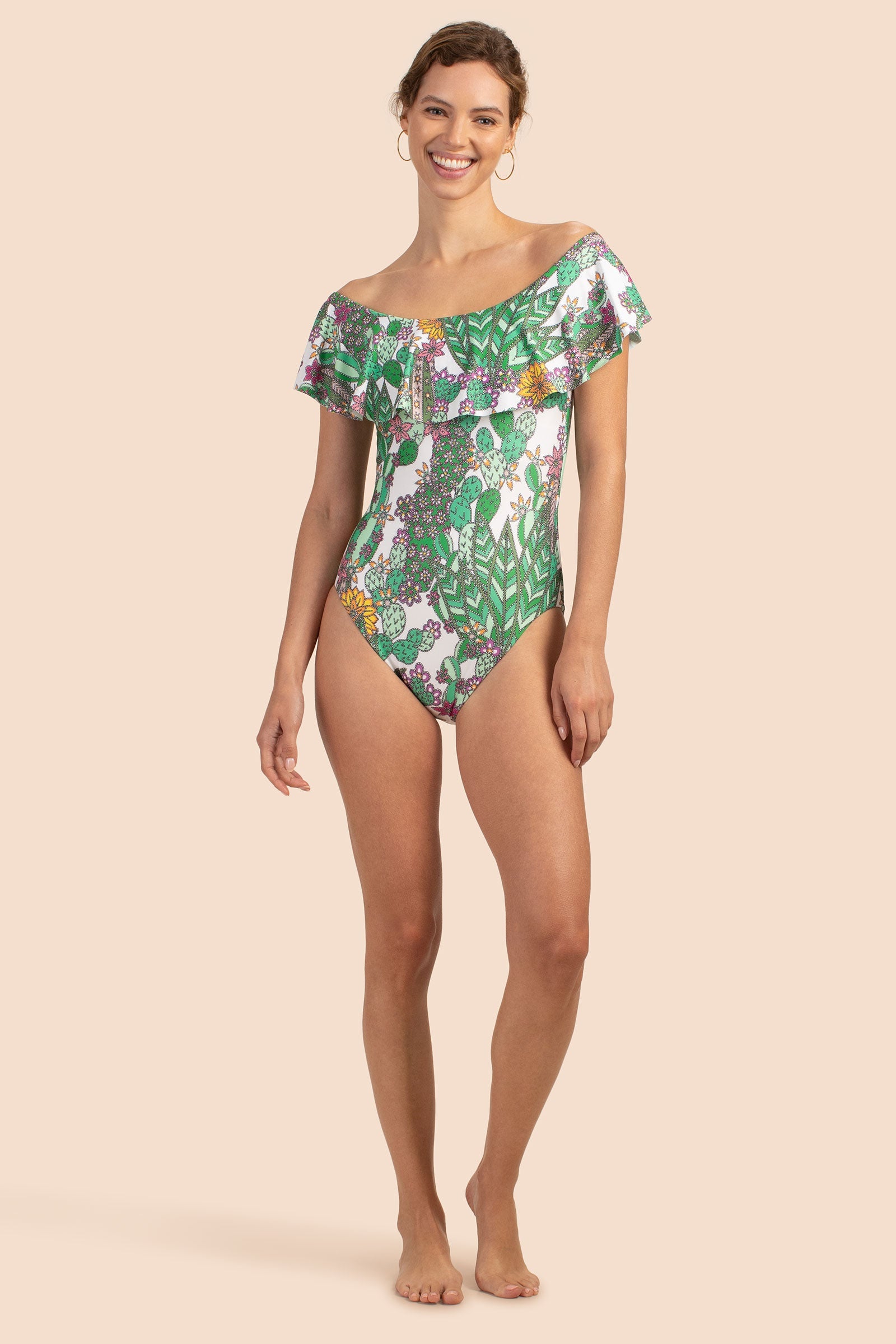 Cacti Off The Shoulder Ruffle One Piece