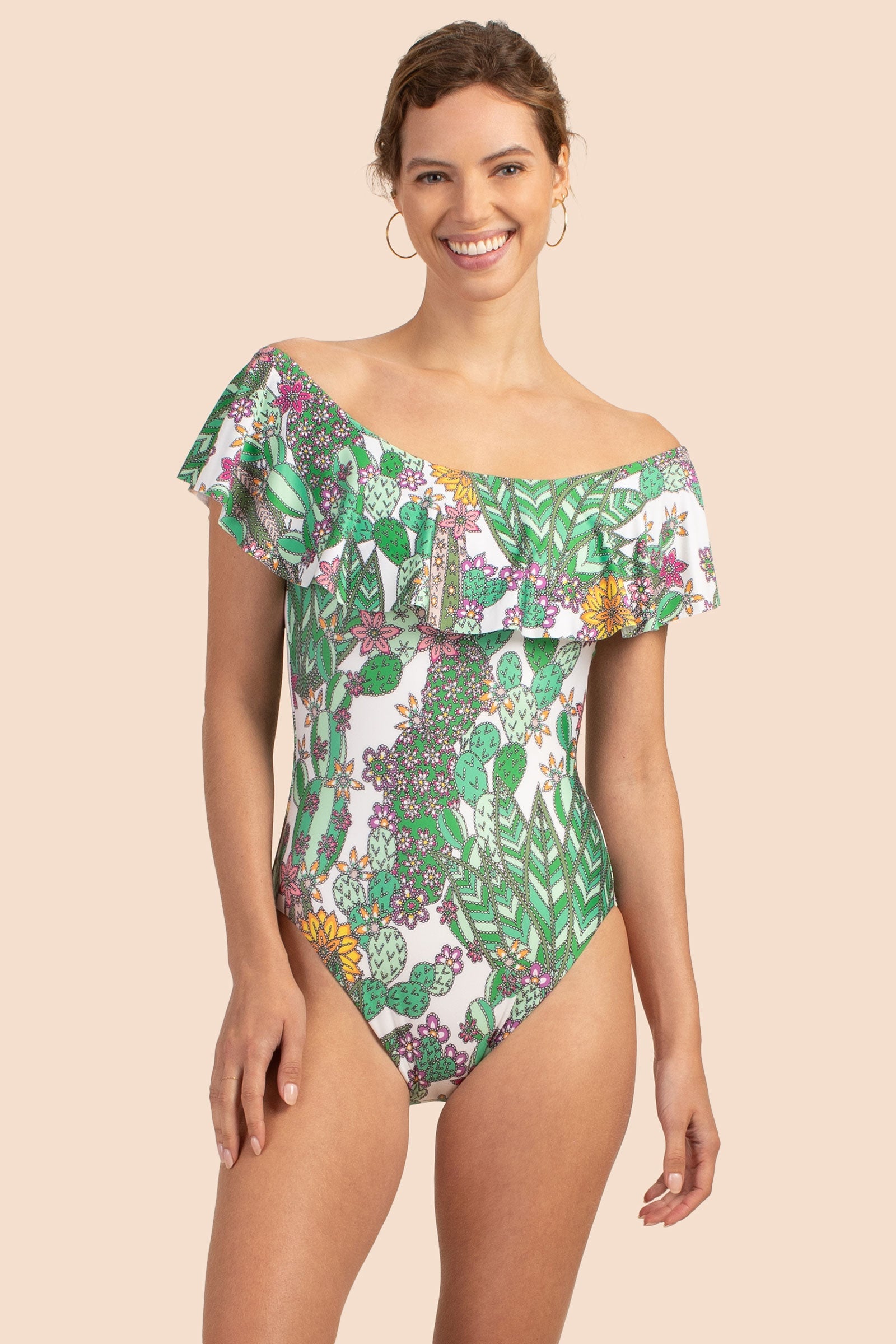 Cacti Off The Shoulder Ruffle One Piece