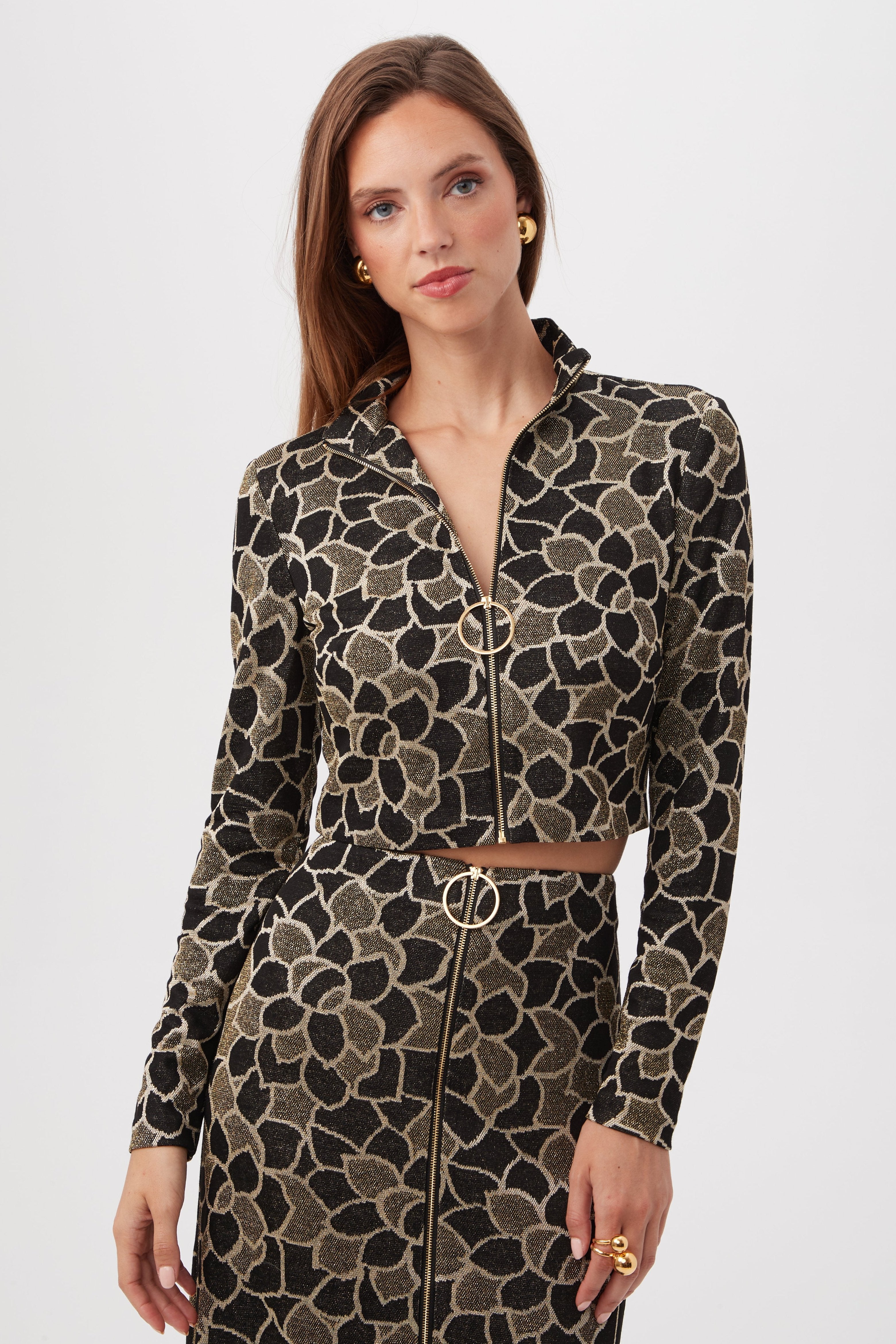 Frosty Meadows Cropped Knit Jacquard Zip-Front Top