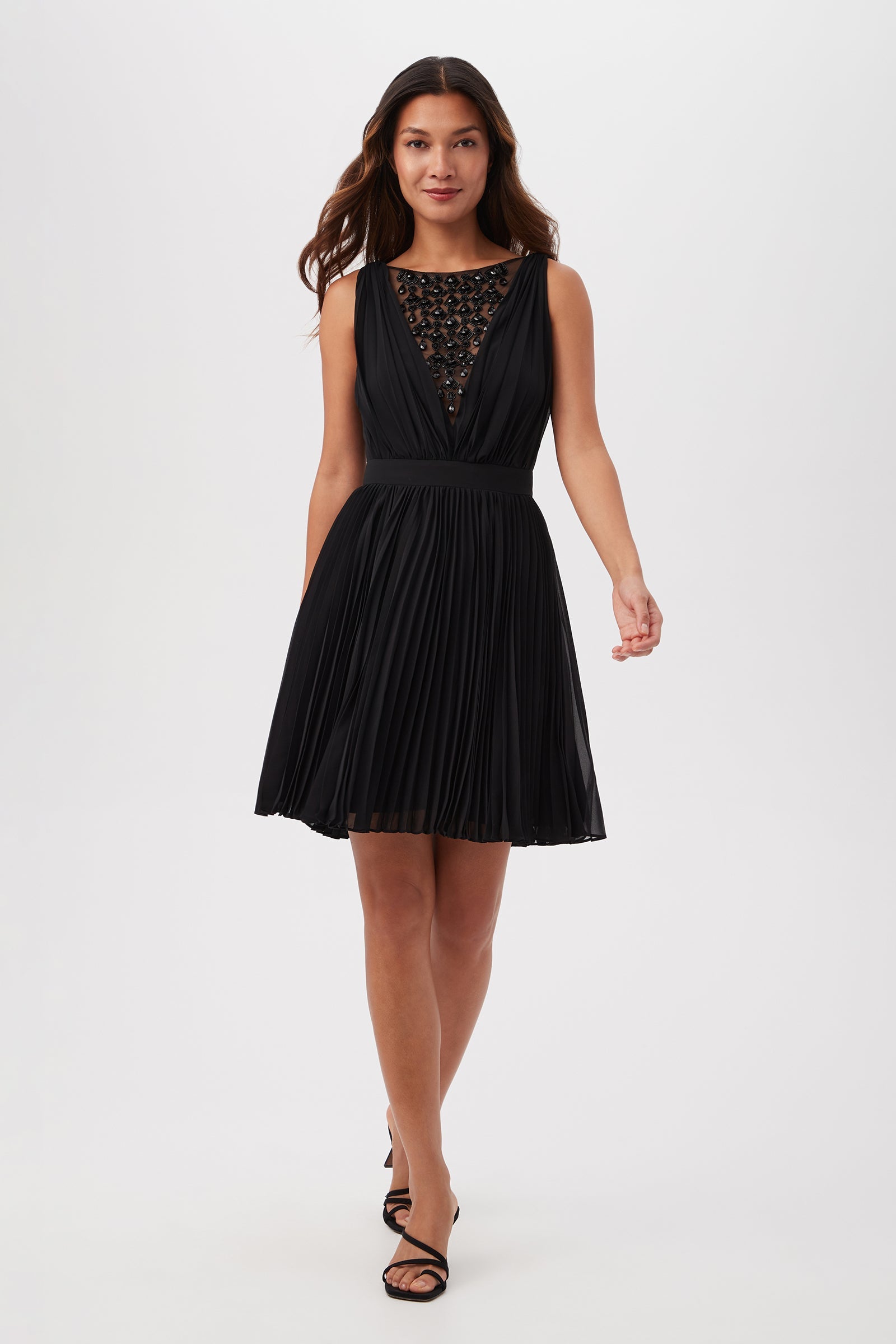 Zathar Sleeveless Dress With Jeweled Front And Accordion Pleats