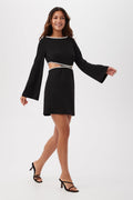 Sabia Long-Sleeve Crepe Knit Dress With Rhinestone Trim And Waist Cutouts