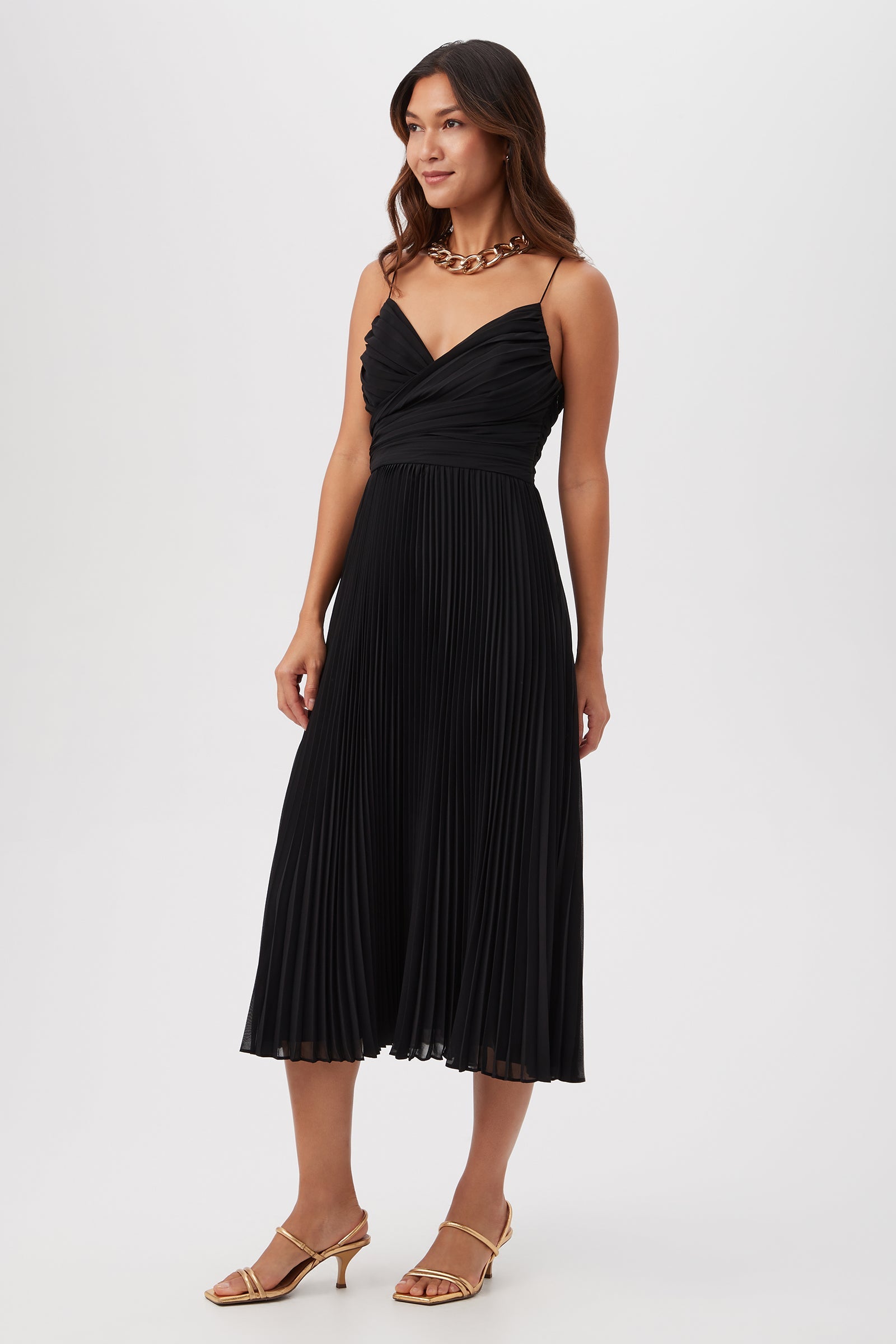 Natalie Sleeveless A-Line Midi Dress With Accordion Pleats