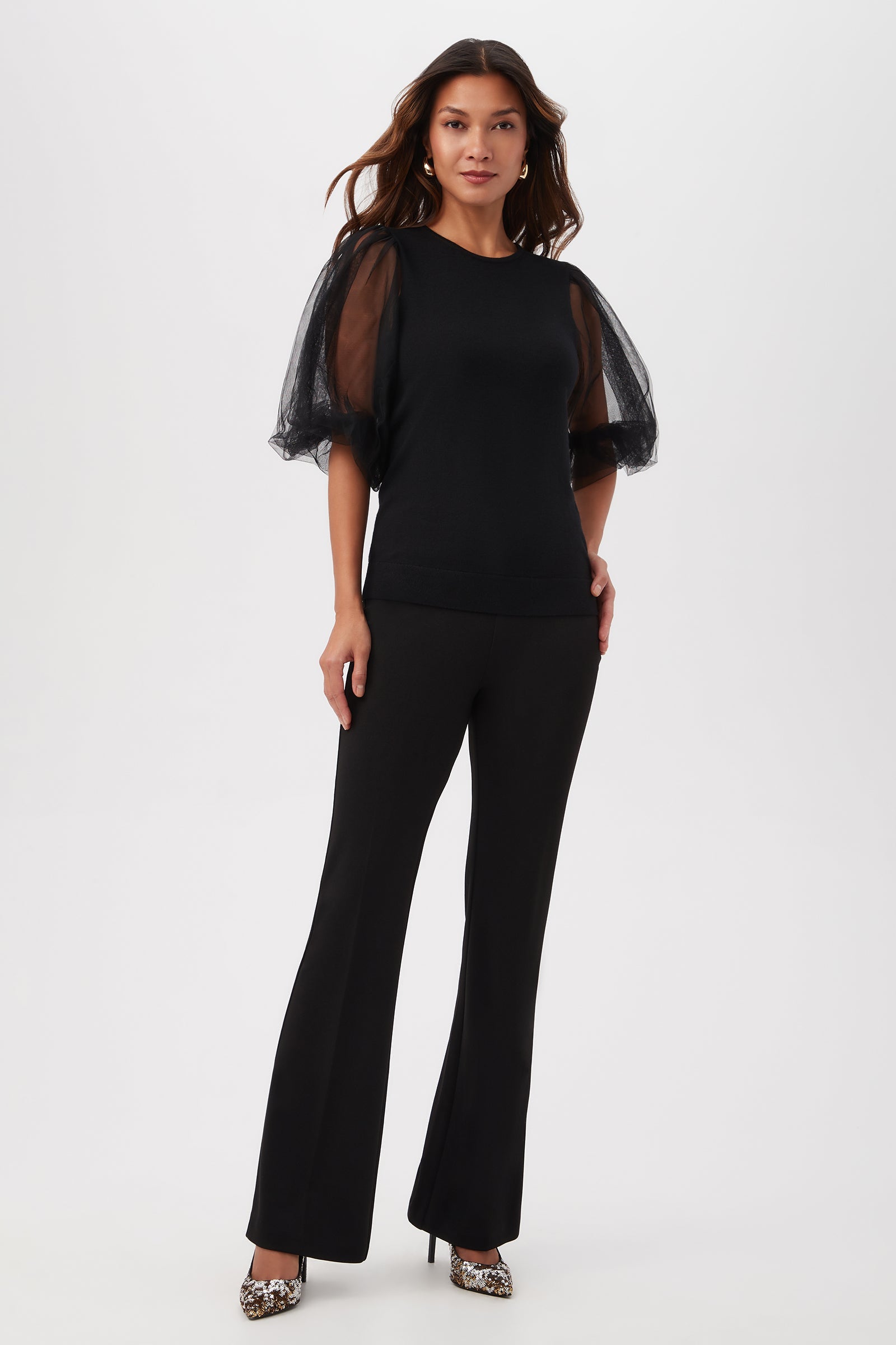 Rhea 3 Merino Wool Crewneck Sweater With Sheer Short Sleeves