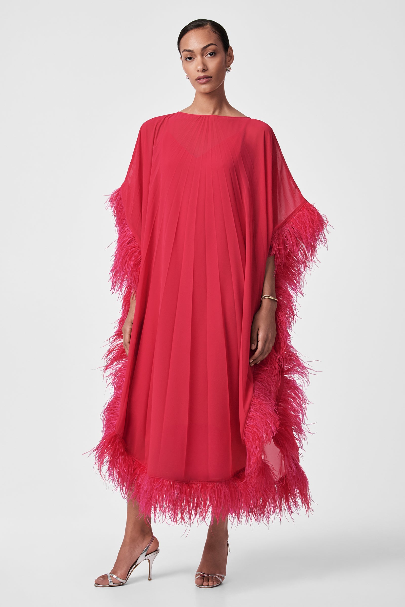 Pleated Neena Feather-Trimmed Caftan Dress