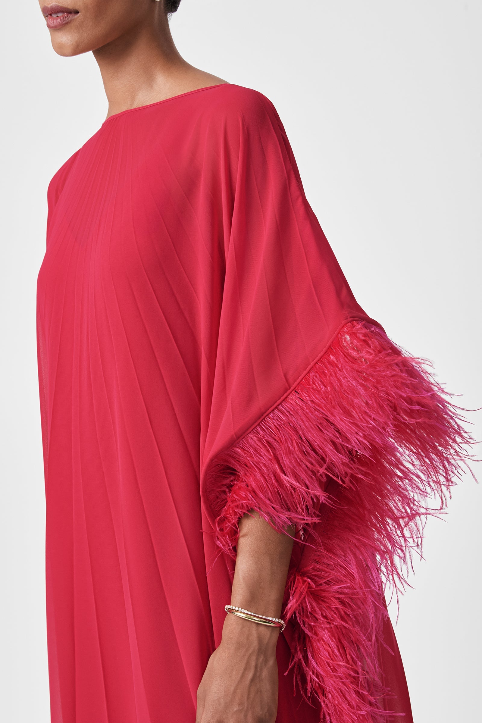 Pleated Neena Feather-Trimmed Caftan Dress
