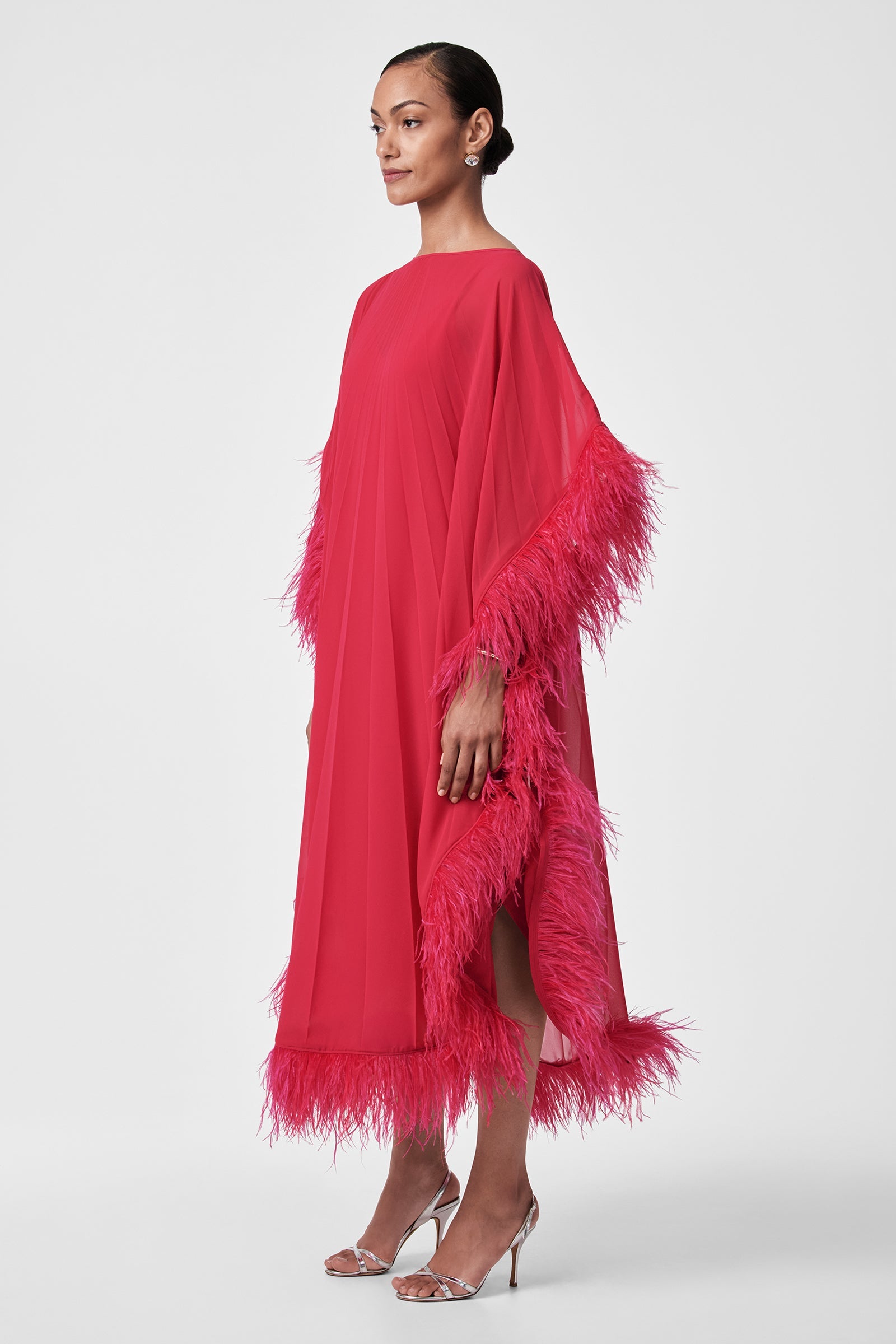 Pleated Neena Feather-Trimmed Caftan Dress