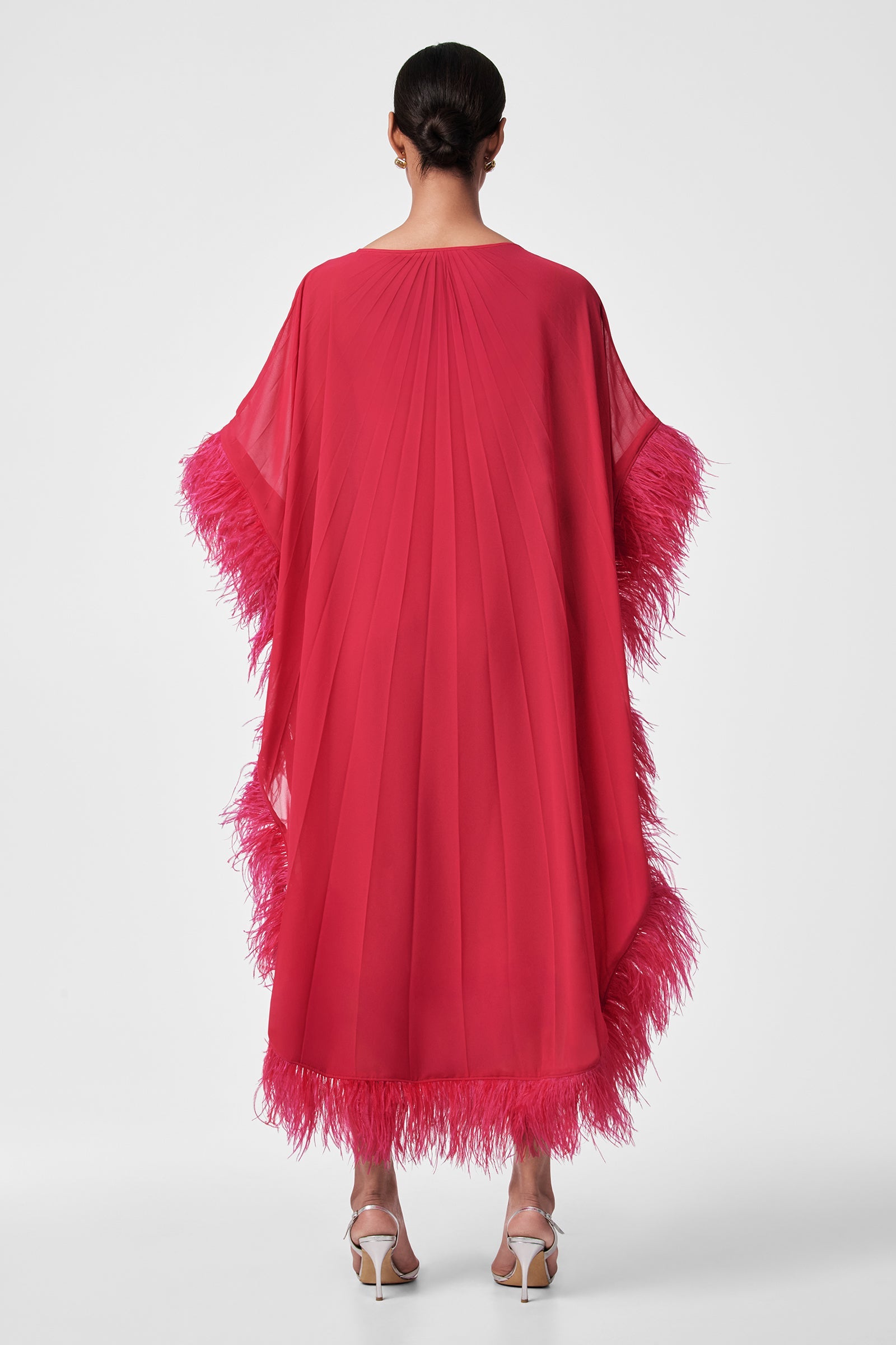 Pleated Neena Feather-Trimmed Caftan Dress