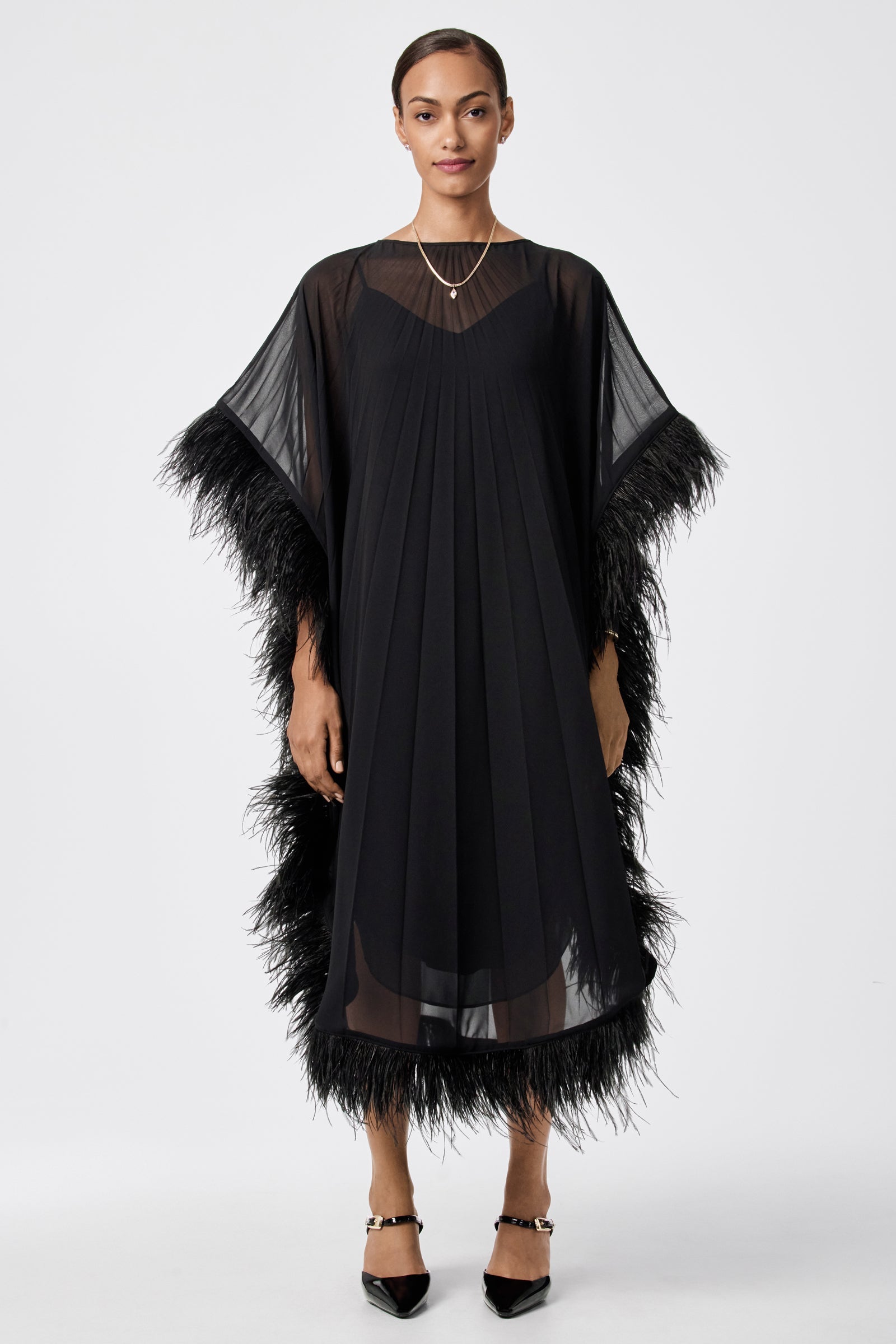Pleated Neena Feather-Trimmed Caftan Dress