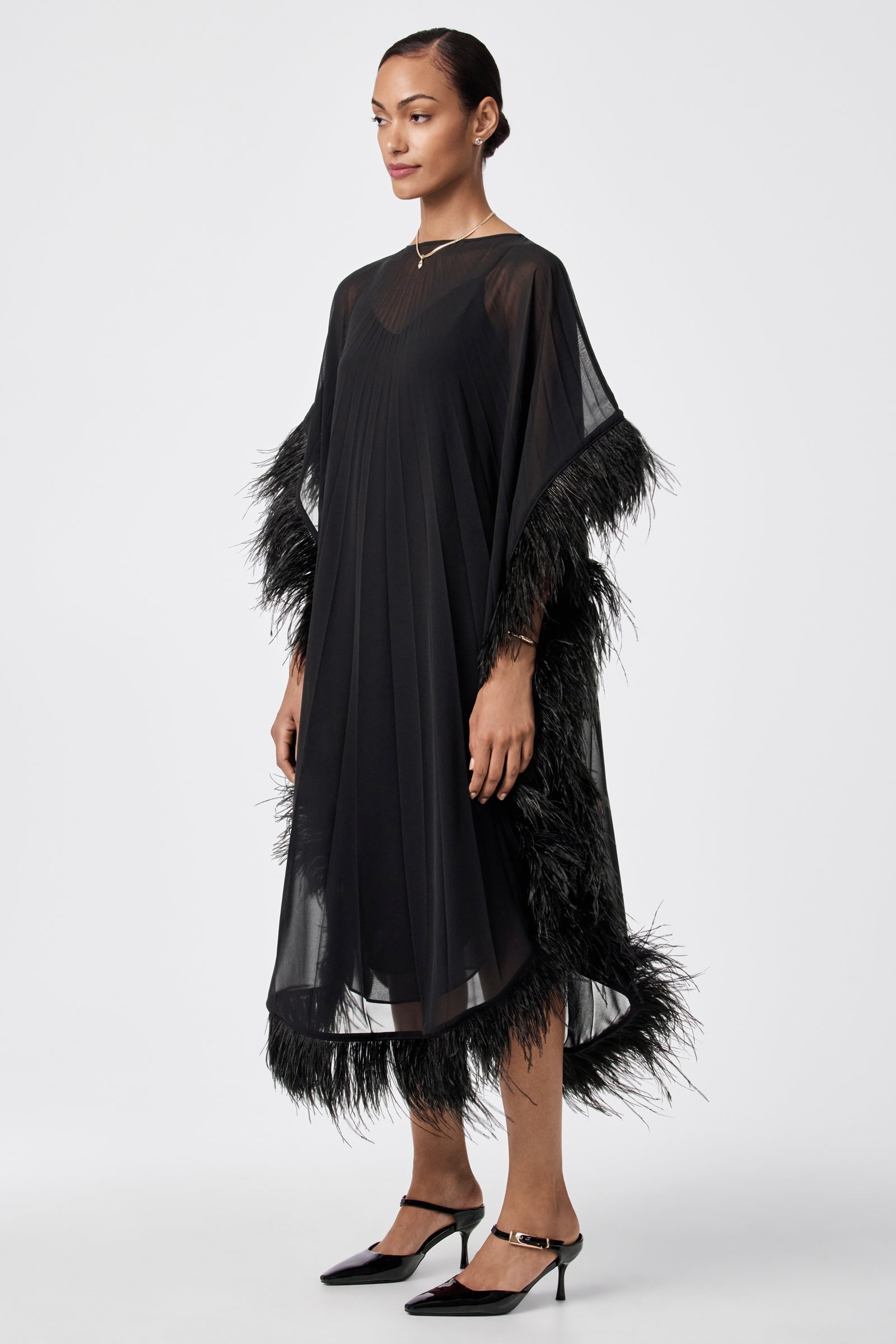 Pleated Neena Feather-Trimmed Caftan Dress