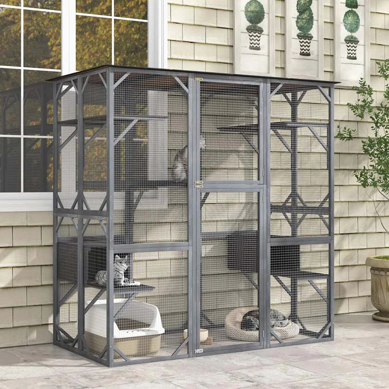 71Quot Tall Large Cat House Outdoor Catio Kitty Enclosure Walk In Cat Kennel Condo Wooden Cat Cage Playpen With 7 Platforms