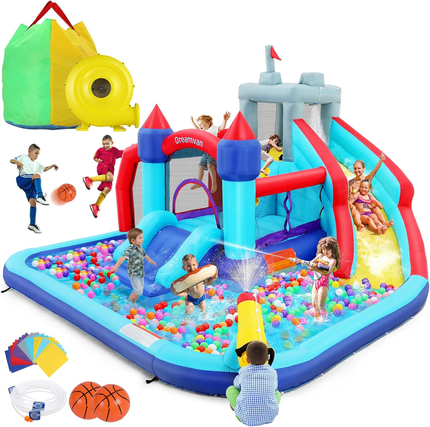 Inflatable Water Slides for Kids 8 in 1 Bounce House Water Park with 450W Blower Climbing Wall, Splash Pool, 2 Water Cannons, Basketball Hoop, Water Slide, Crocodile Sprinkler for Gift Backyard Party