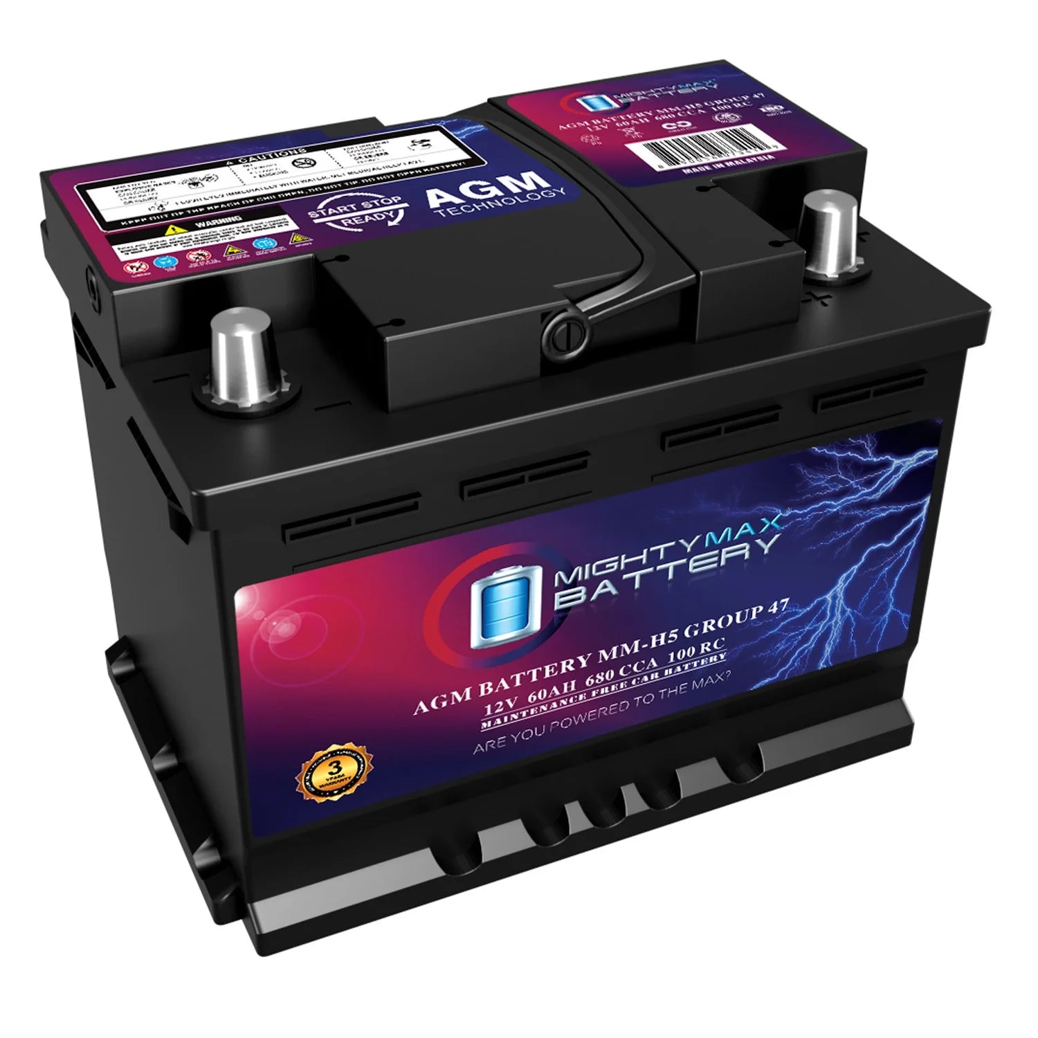 MM H5 12V 60AH AGM Car Battery, Group 47, 680 CCA, 100RC, Sealed Lead Acid, Rechargeable