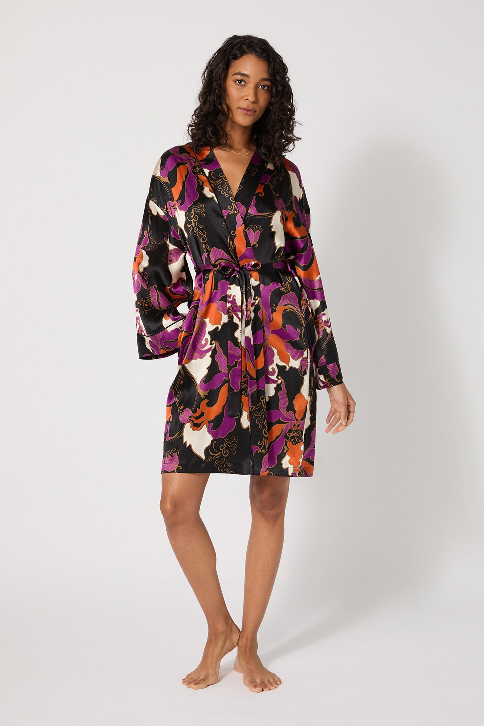 Long-Sleeve Silk Robe - Fall Floral