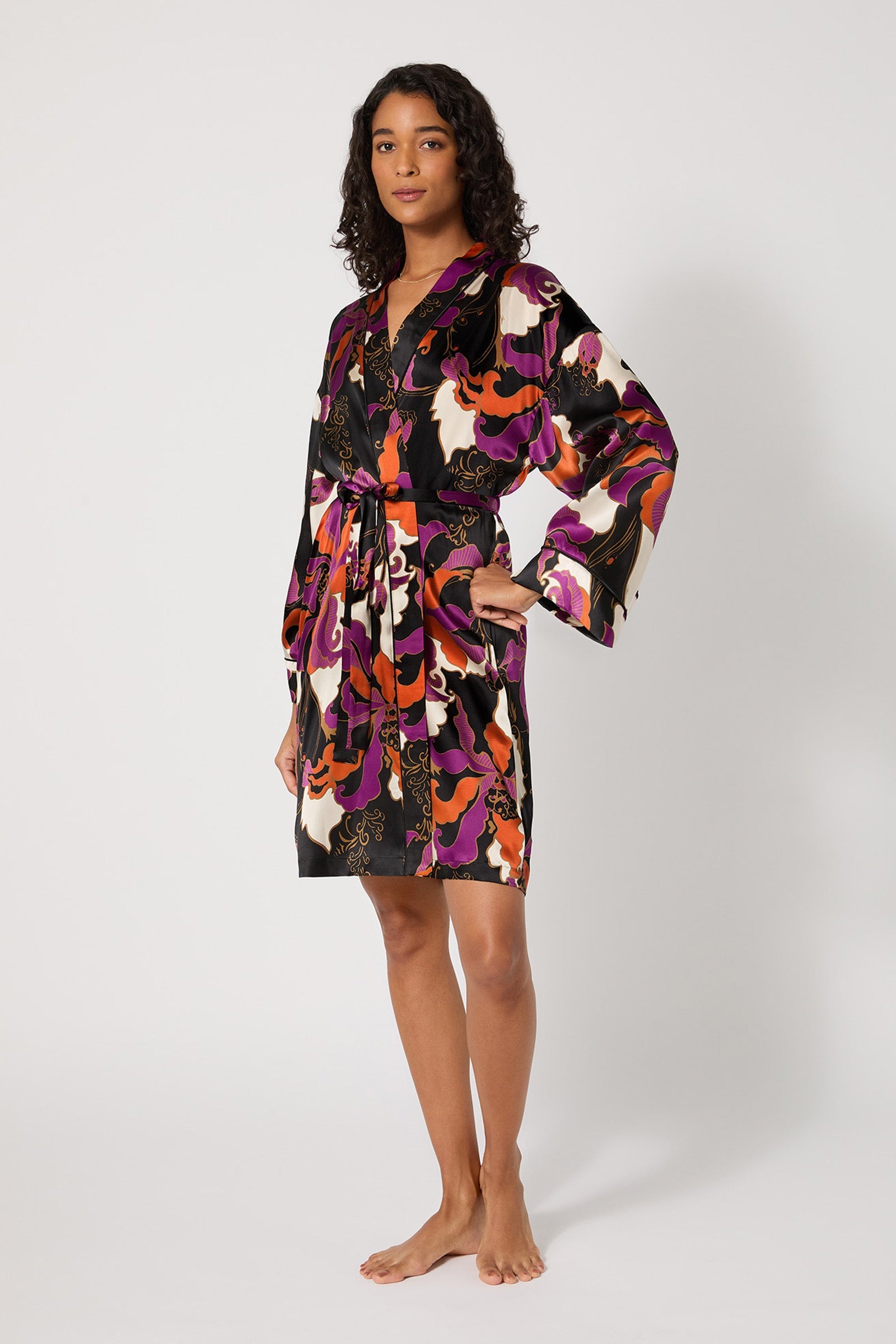 Long-Sleeve Silk Robe - Fall Floral