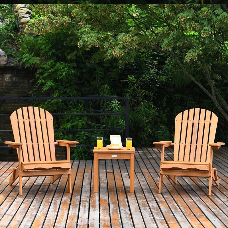 3 Pcs Slatted Design Wooden Adirondack Chair Set With Side Table Amp 2 Folding Lounger Chairs - High Quality Set For Everyday Use
