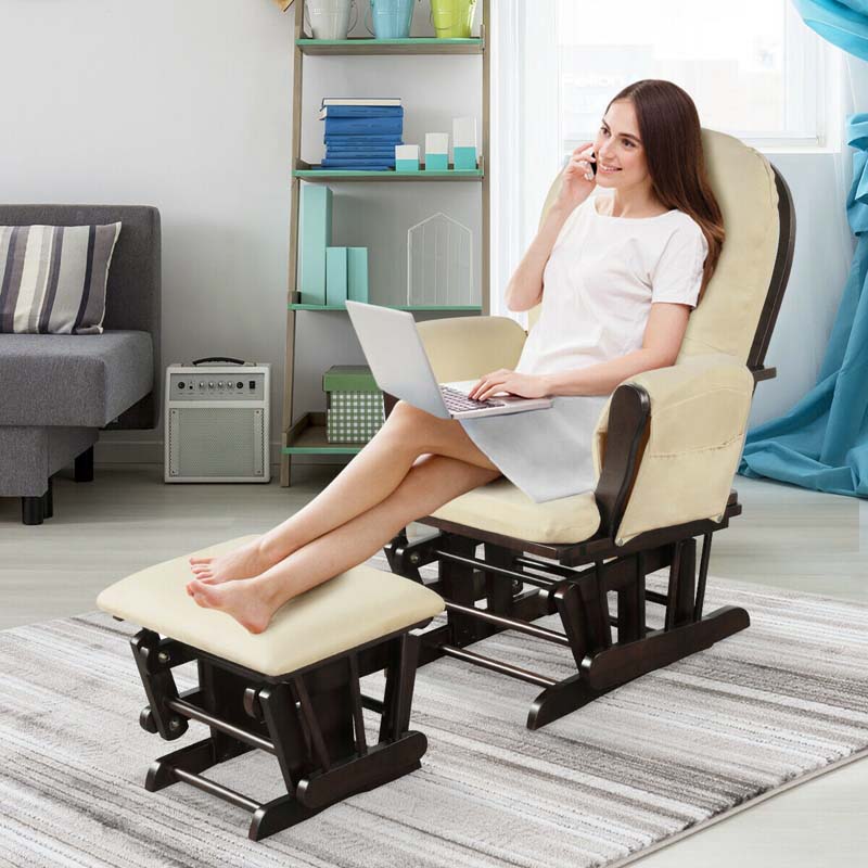 Glider Rocking Chair Amp Ottoman Set Solid Wood Baby Rocker Nursery Chair With Padded Cushions Amp Pockets - High Quality Set For Everyday Use
