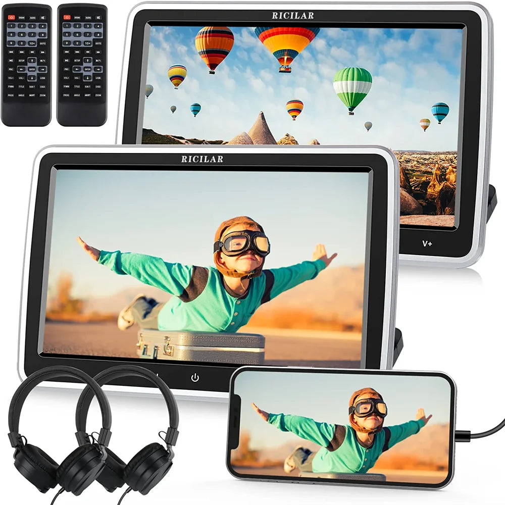 RICILAR Premium 10.5" Dual Screen Portable DVD Player for Car, Black ( 2 x DVD Player��Non built in battery )