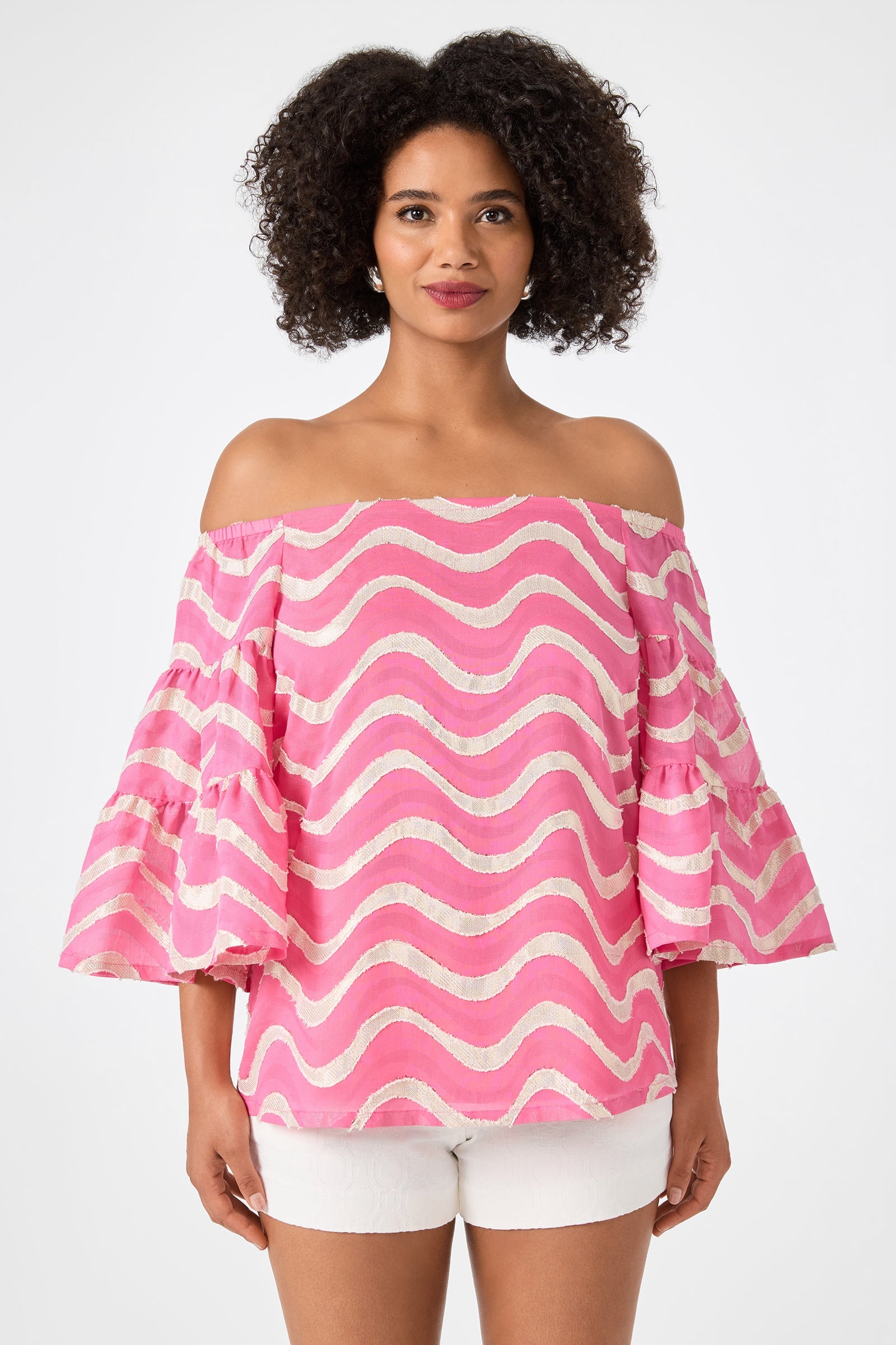 Garnish Off-Shoulder Top - Pinku