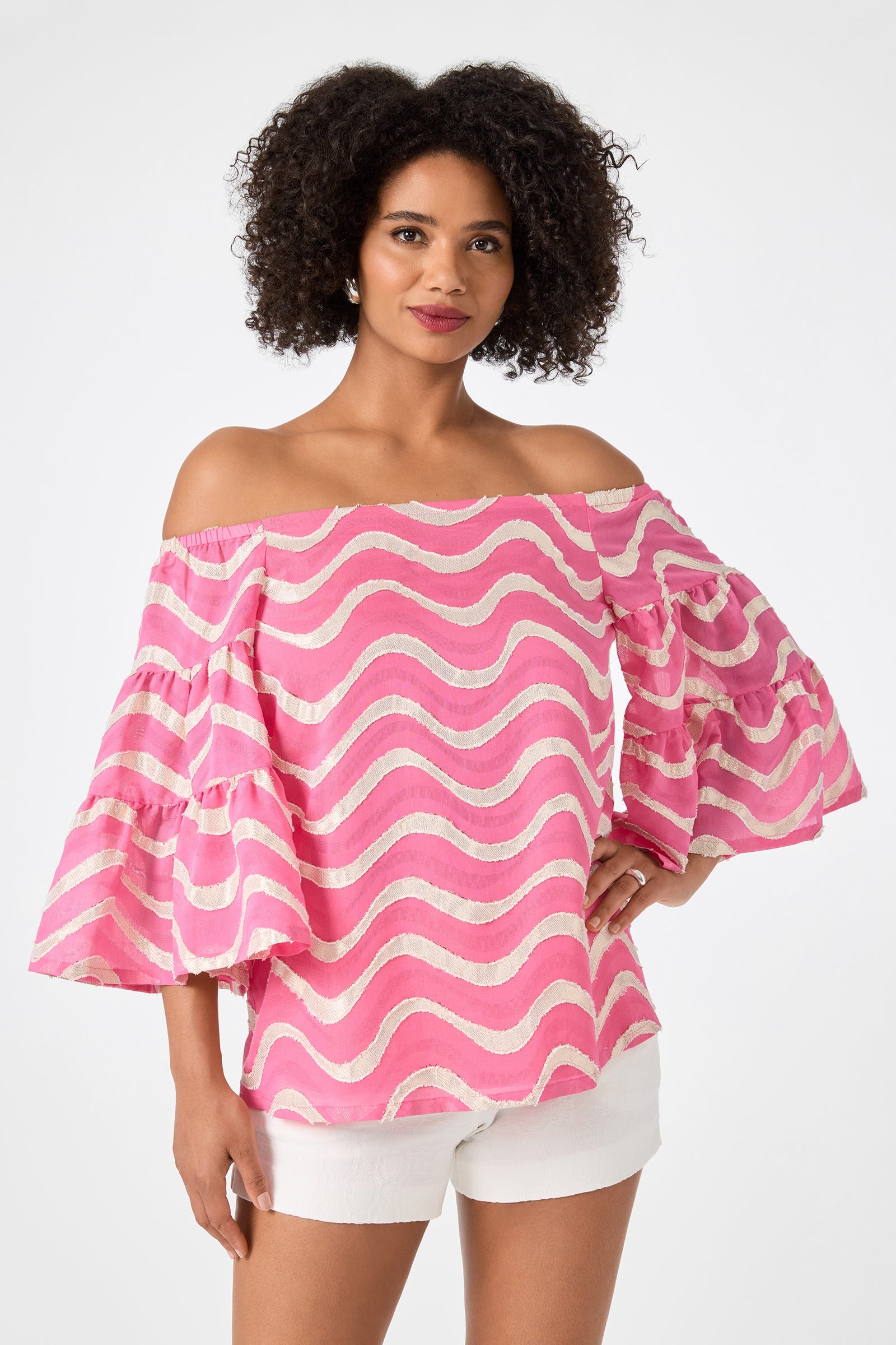 Garnish Off-Shoulder Top - Pinku