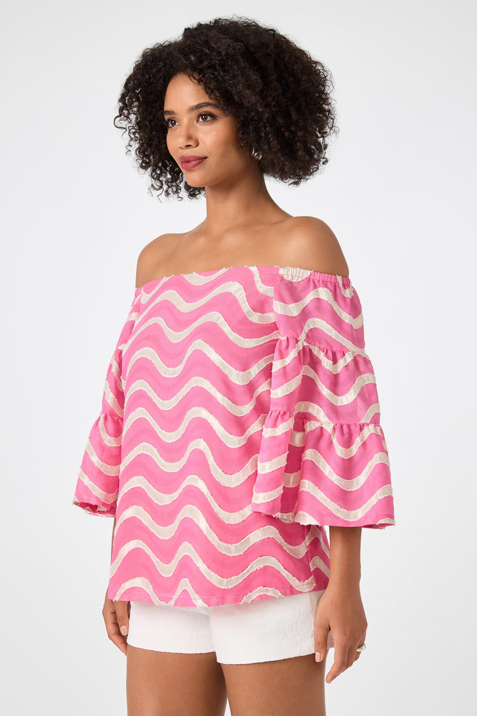 Garnish Off-Shoulder Top - Pinku