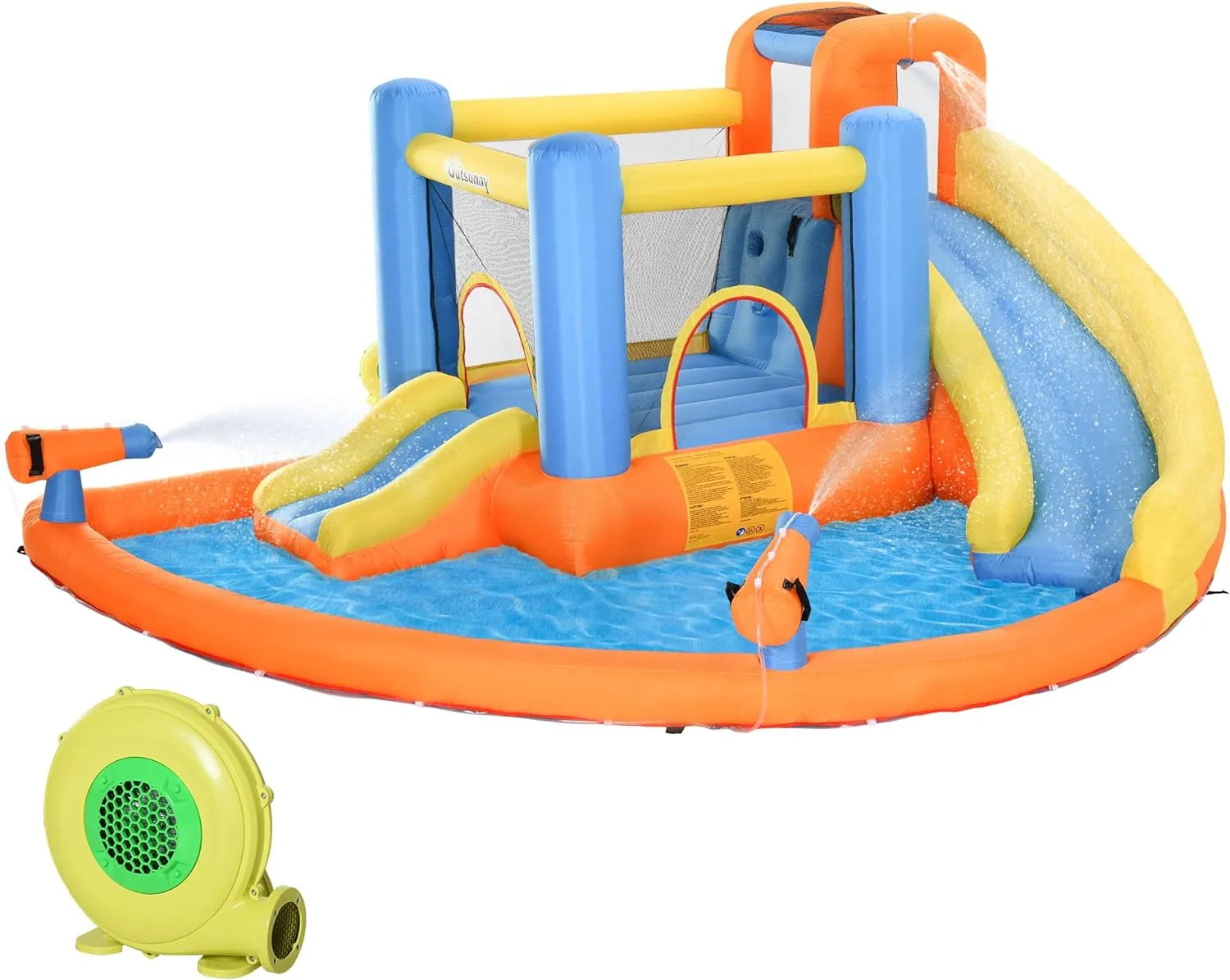 Kids Inflatable Water Slide 5 in 1 Bounce House Water Park Jumping Castle with Water Pool, Slide, Climbing Walls, &amp; 2 Water Cannons, 450W Air Blower