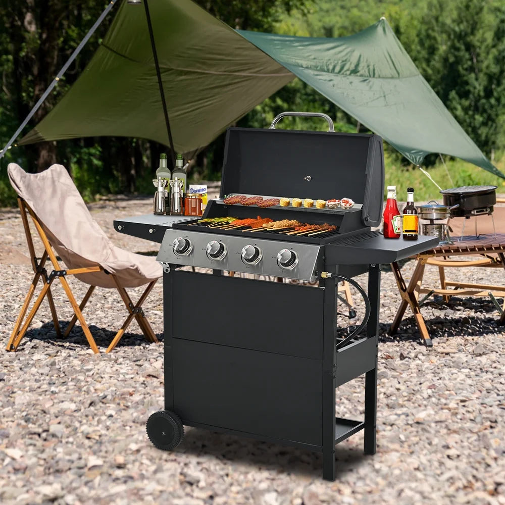 SEGMART 4 Burner BBQ Propane Gas Grill, Stainless Steel 34,200 BTU Patio Garden Barbecue Grill with Two Foldable Shelves &amp; Thermometer, Perfect for Camping, Outdoor Cooking