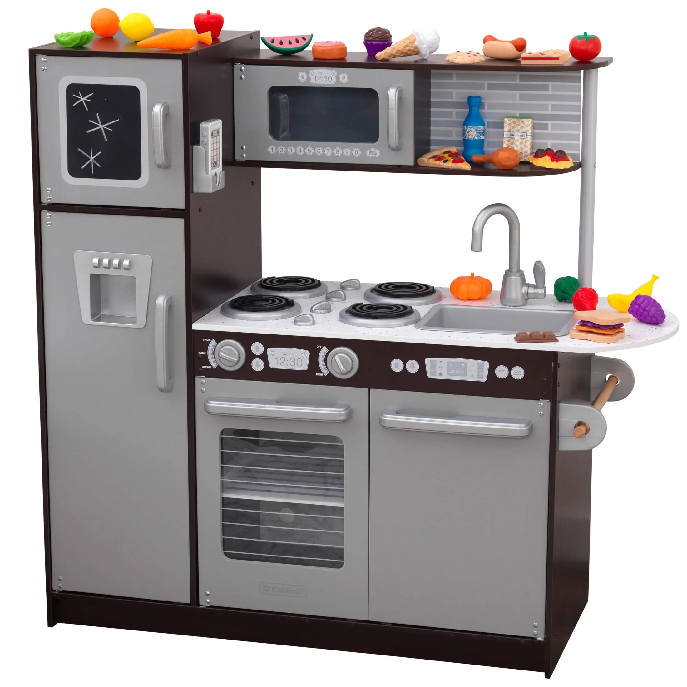 KidKraft Uptown Espresso Wooden Play Kitchen with 30 Piece Food Set, Interactive Features, Modern Design