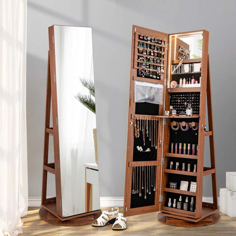 635Quoth 360 Swivel Jewelry Armoire Wfull Length Mirror 3 Color Led Lights Rear Storage Shelves Lockable Standing Jewelry Cabinet Organizer