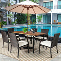 7 Pcs Rattan Patio Dining Set With Umbrella Hole Acacia Wood Tabletop Cushioned Chairs - High Quality Set For Everyday Use