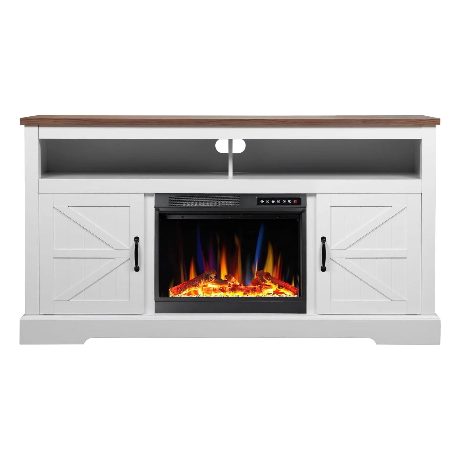 60''Fireplace TV Stand with Freestanding Electric Fireplace&amp;Wooden Storage Cabinet M2301