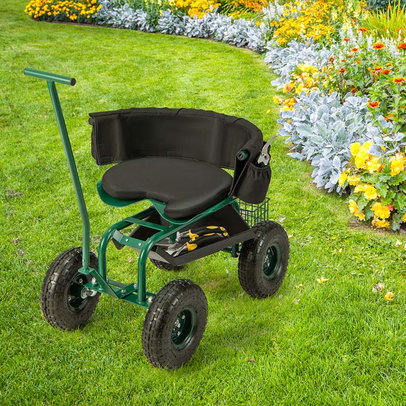 Green Rolling Garden Cart Workseat Garden Scooter With 360 Degree Swivel Cushioned Seat Amp Tool Storage 2 Steering Handles - Durable Tools For Home Projects