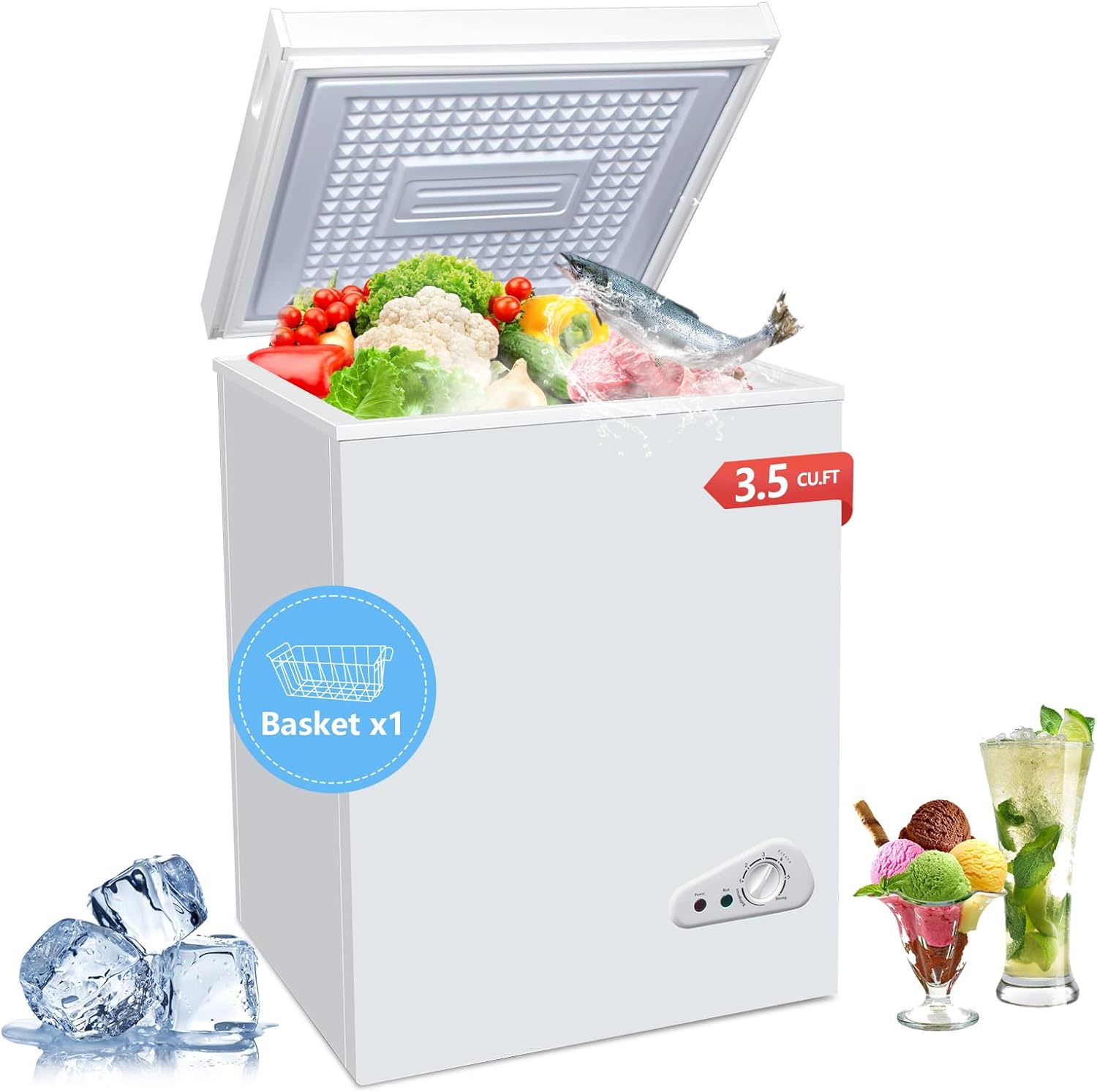 3.5 Cu.Ft Chest Freezer with a Removable Basket 7 Gears Adjustable Temperature Control( 18&deg;F to  46&deg;F), Deep Compact Freezer for Garage, Office, Basement, House, Kitchen, Shop, RVs White