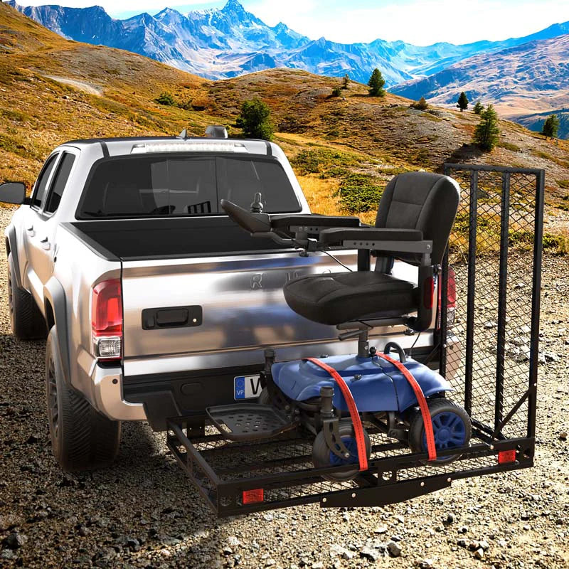 500 Lbs Folding Hitch Mount Wheelchair Carrier Mobility Scooter Loading Ramp W2 Tie Down Straps Heavy Duty Strong Hitch Cargo Carrier