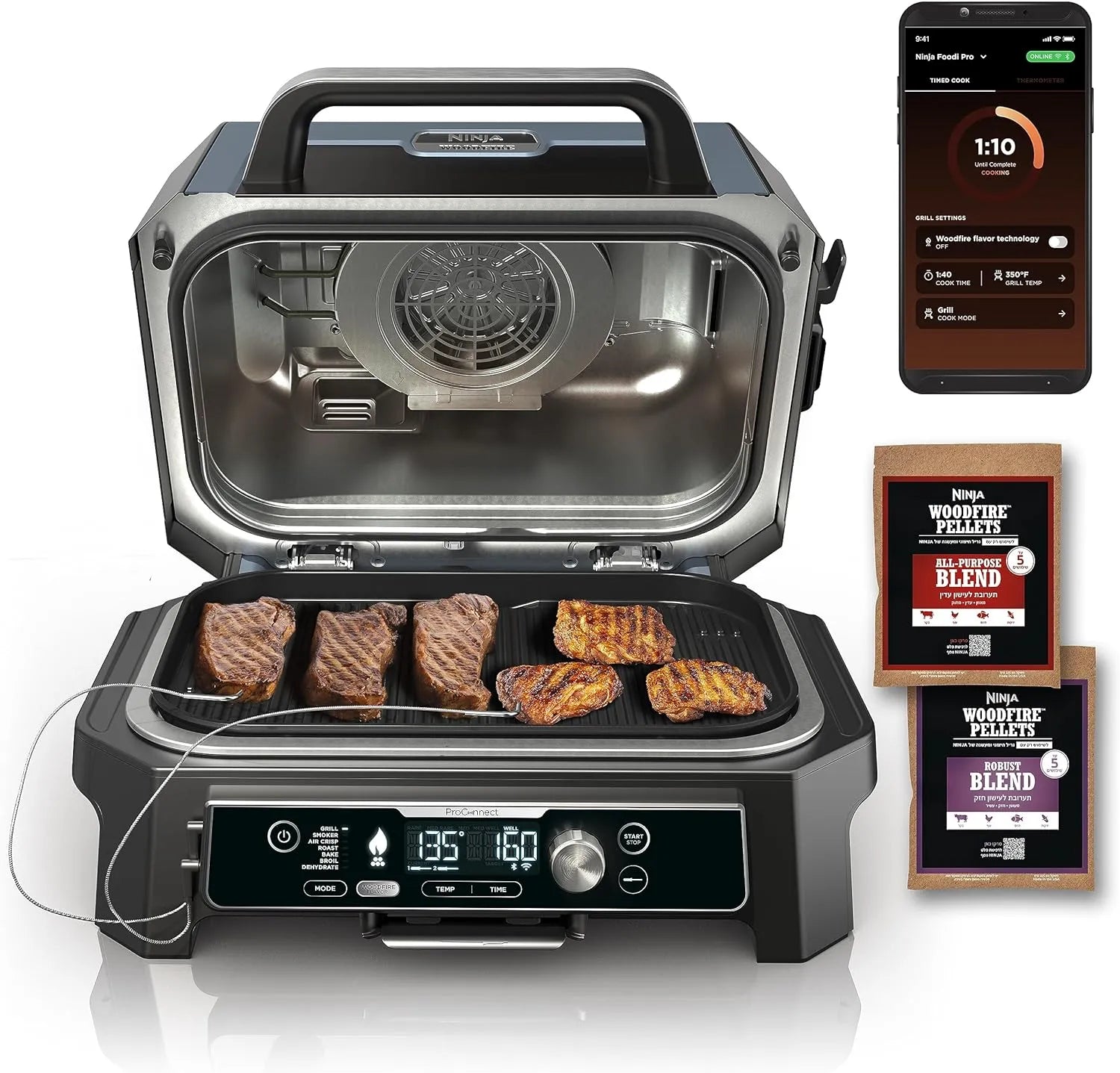 Premium XL Outdoor Grill &amp; Smoker, Bluetooth, App Enabled, 7 in 1 Master Grill, BBQ Smoker, Outdoor Air Fryer, Woodfire Technology, 2 Built In Thermometers, Black