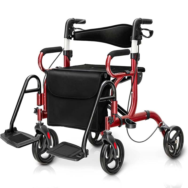 2 In 1 Folding Rollator Walker With Seat Amp Bag Aluminum Medical Walker Rolling Transport Chair Mobility Walking Aid - Comfortable And Ergonomic Design