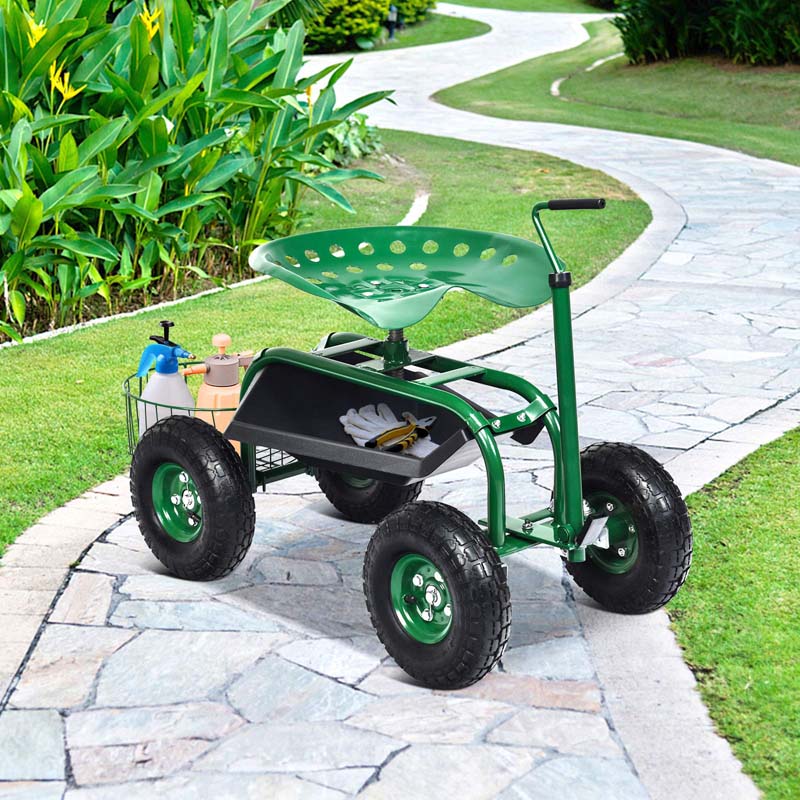 4 Wheel Garden Cart Workseat With Storage Basket Amp Tool Tray Heavy Duty Patio Wagon Scooter For Planting - Durable Tools For Home Projects