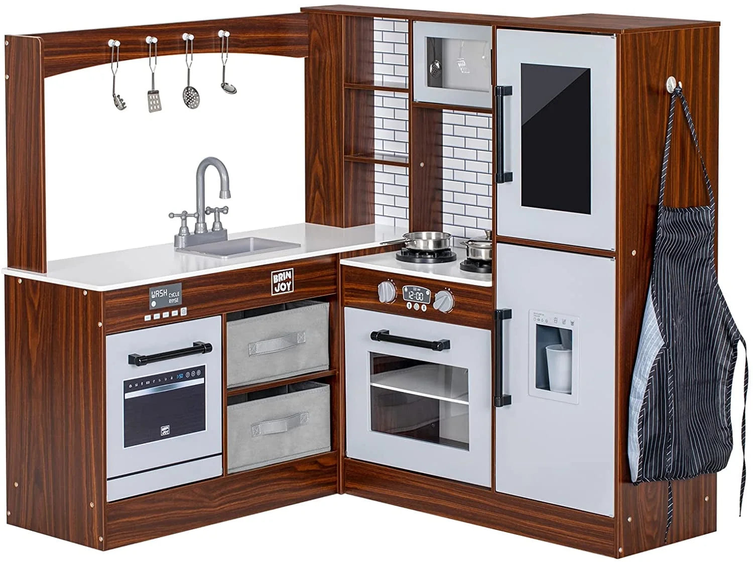 BRINJOY Corner Play Kitchen for Kids, Wooden Toddler Kitchen Playset w/ Faucet, Sink, Microwave, Oven, Apron, Blackboard, Storage Cabinets, Pretend Cooking Toys w/ Sound &amp; Light Gift for Ages 3