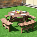 8 Person Outdoor Wooden Round Picnic Dining Table Bench Set with Umbrella Hole &amp; 4 Benches