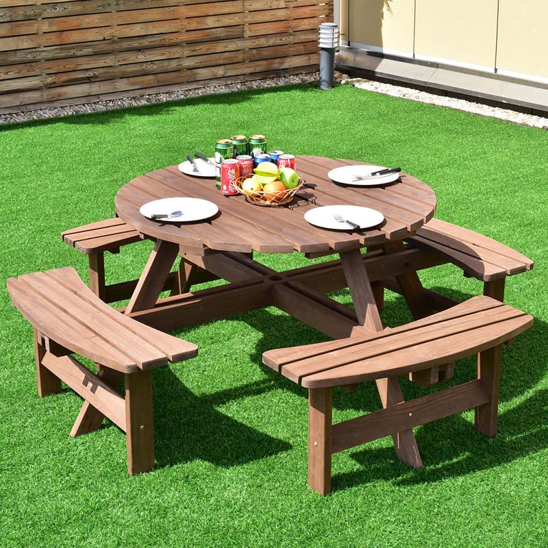 8 Person Outdoor Wooden Round Picnic Dining Table Bench Set with Umbrella Hole &amp; 4 Benches