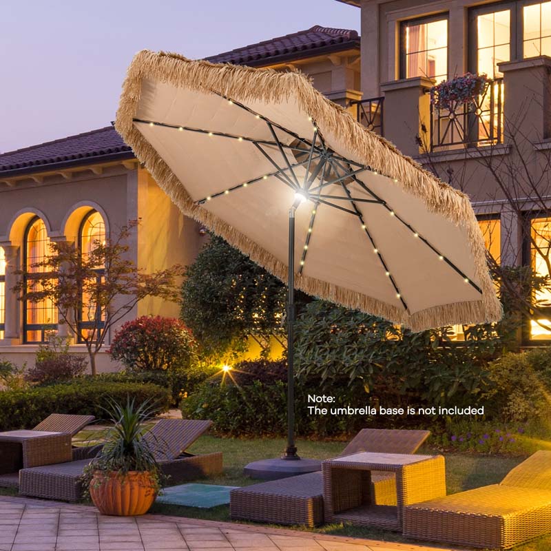 10 Ft Thatched Tiki Patio Umbrella With 32 Led Solar Lights 2 Tier Hawaiian Style Grass Beach Umbrella