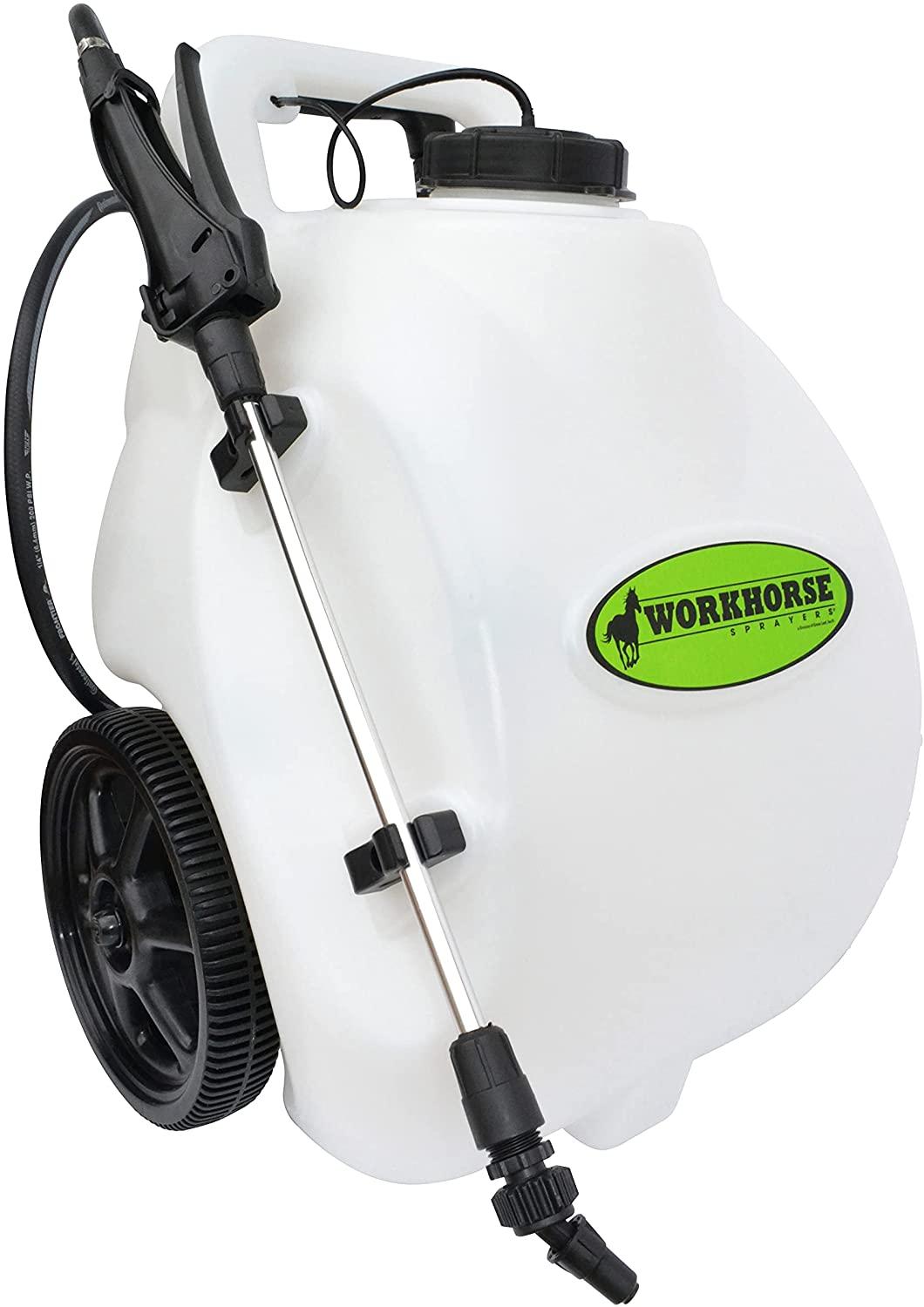 Workhorse Sprayers LG05SS Rechargeable Spot Sprayer �C White Portable Sprayer with Wheels, Vertical &amp; Horizontal Stream Range, 5 Gallon Tank. Garden Sprayer